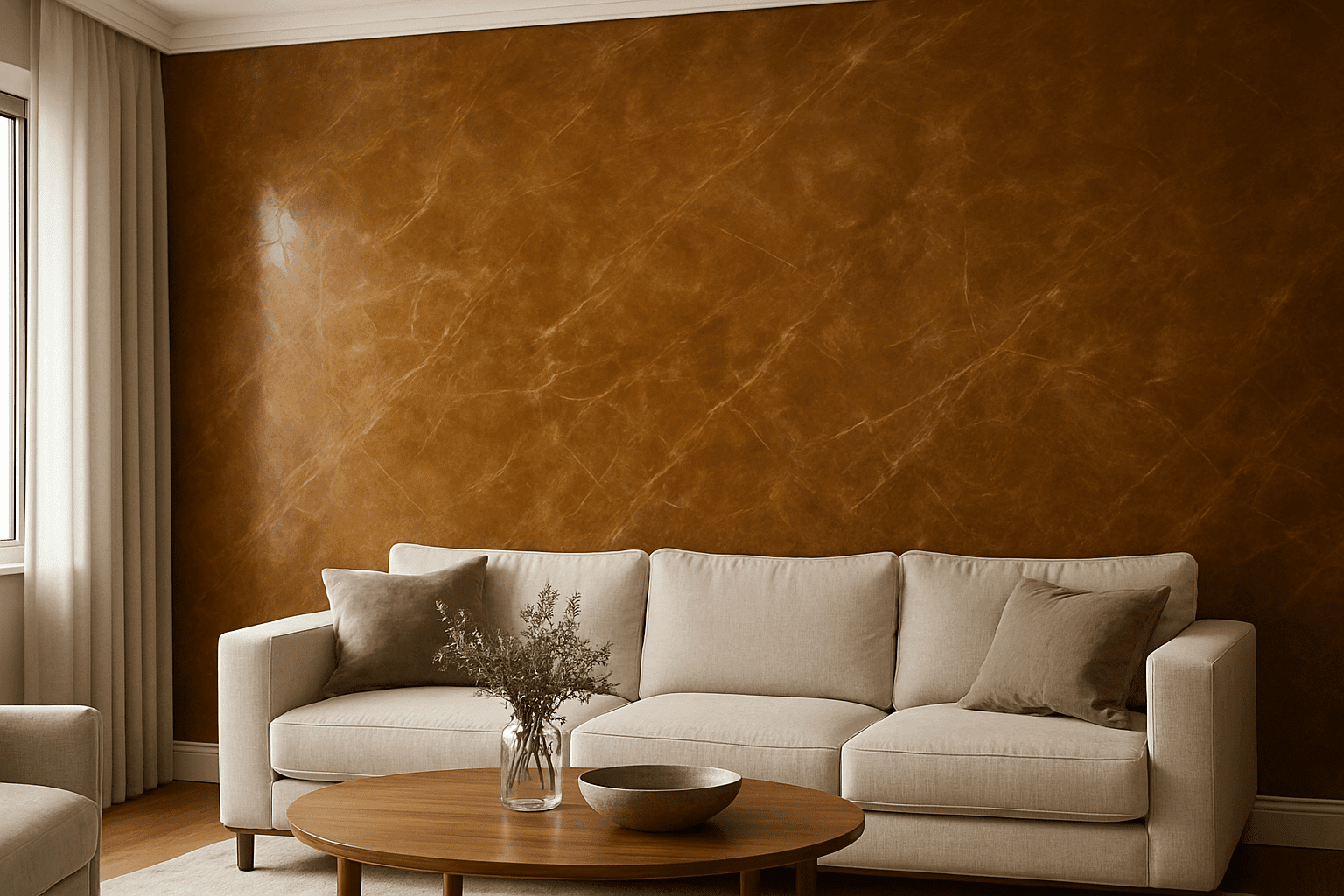 Sala de estar moderna con sofá beige y mesa.