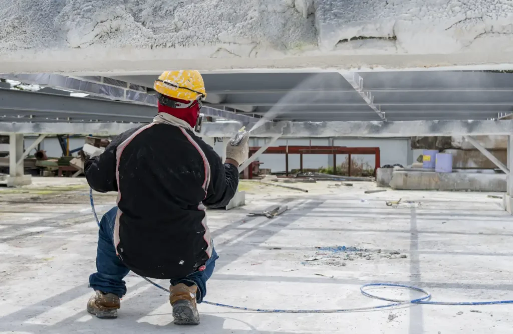 Trabajador pintando estructura metálica con spray.