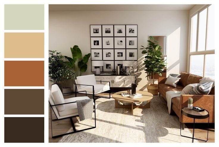 Sala moderna con paleta de colores tierra.
