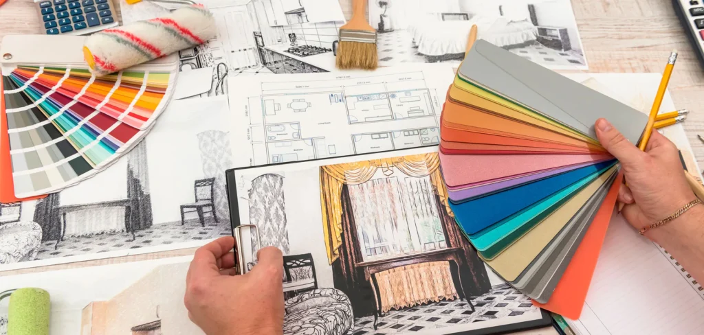 Muestras de colores y planos para diseño de interiores.