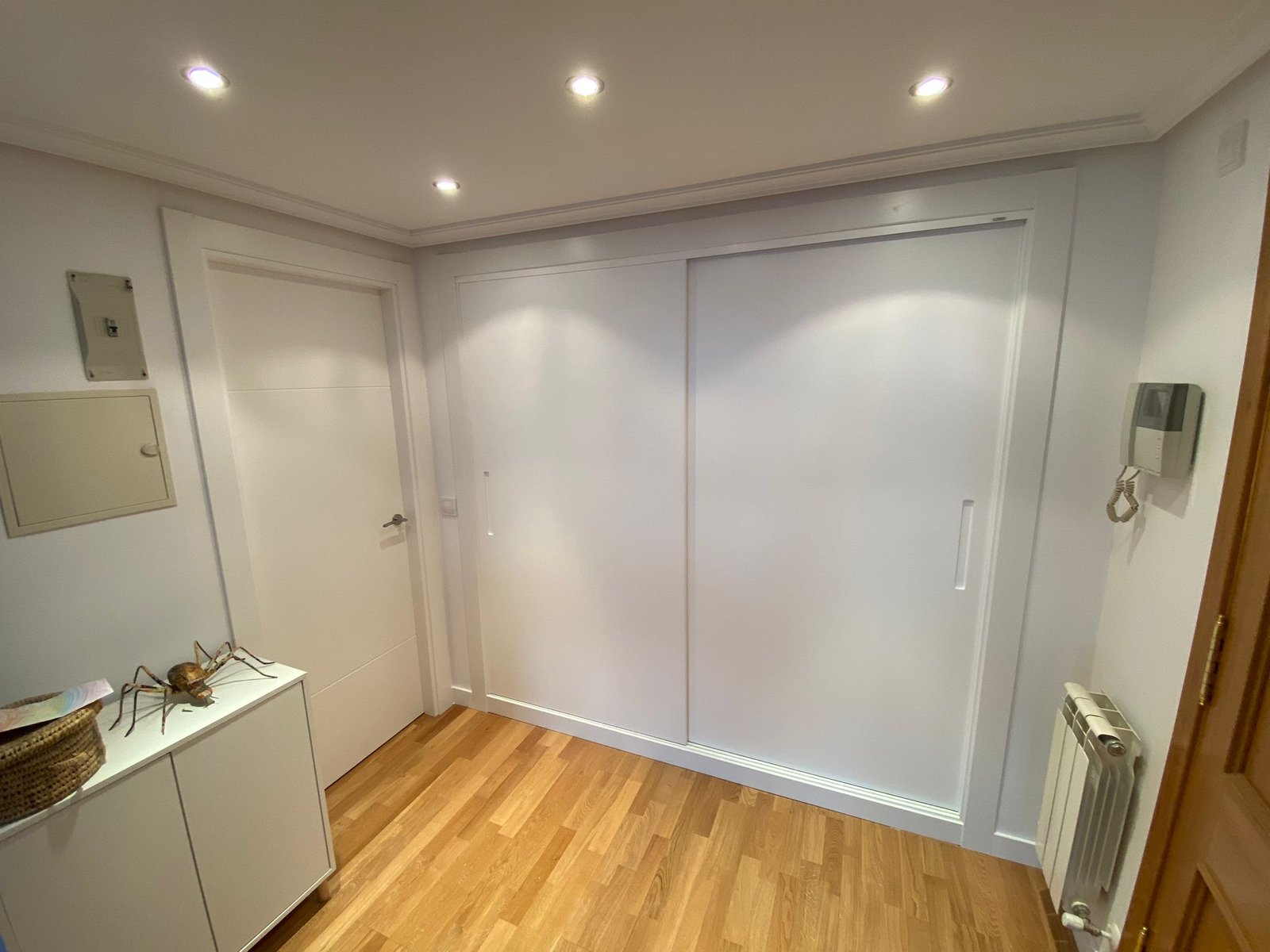 Pasillo moderno con suelo de madera y armario blanco.