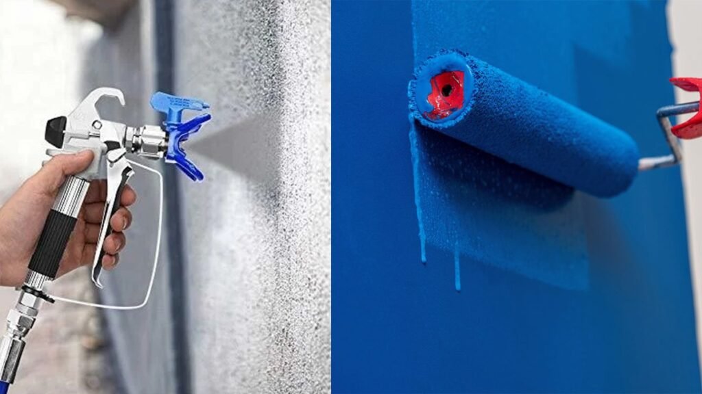 Pistola pulverizadora y rodillo pintando paredes