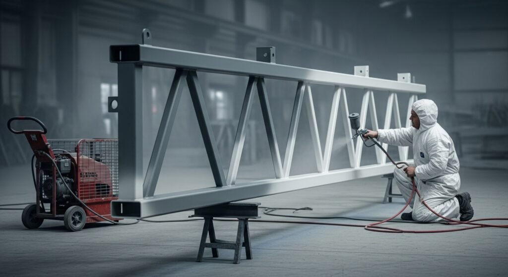Trabajador pintando estructura metálica en taller industrial.