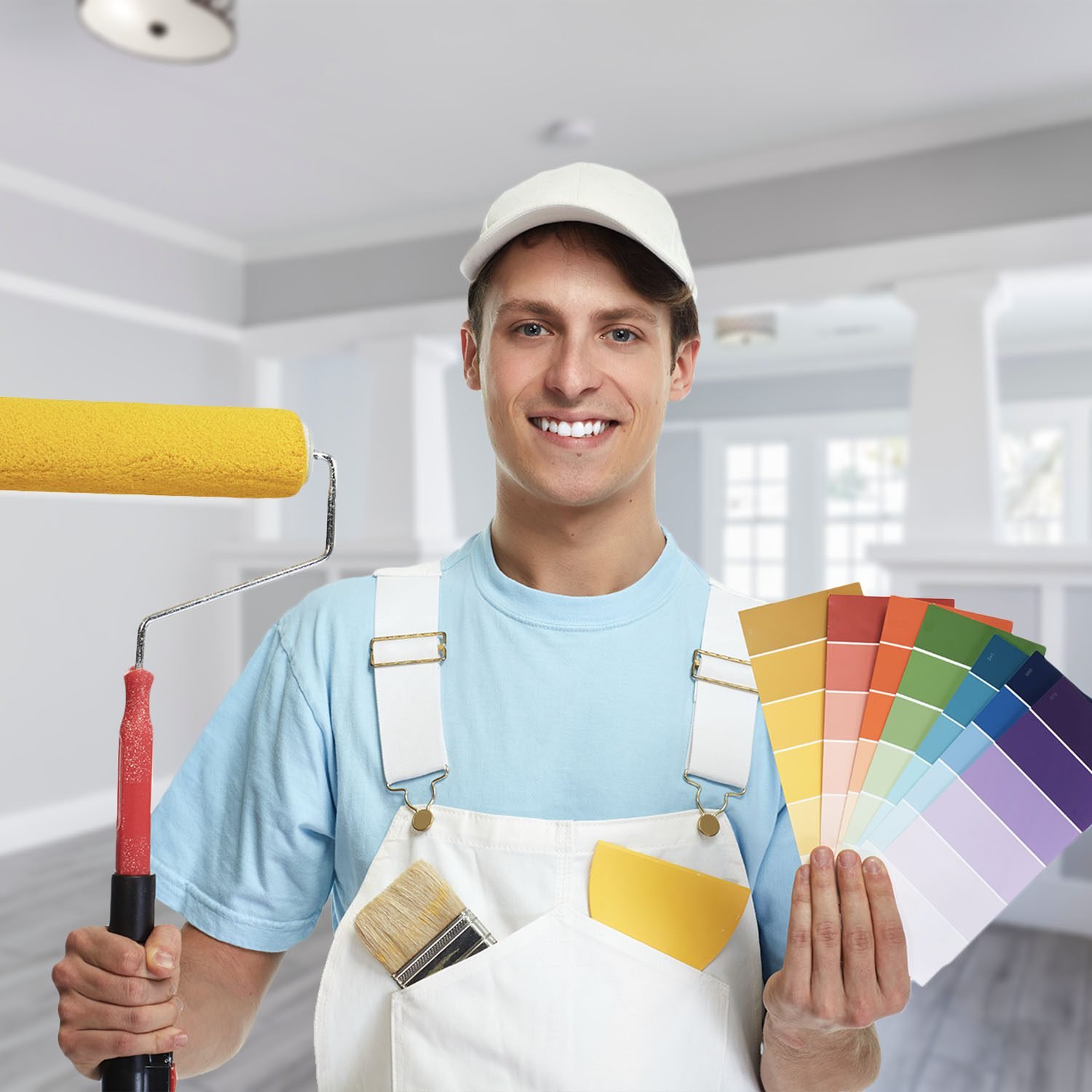 Pintor con rodillo y paleta de colores.