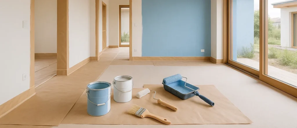 Sala blanca y azul con herramientas de pintura
