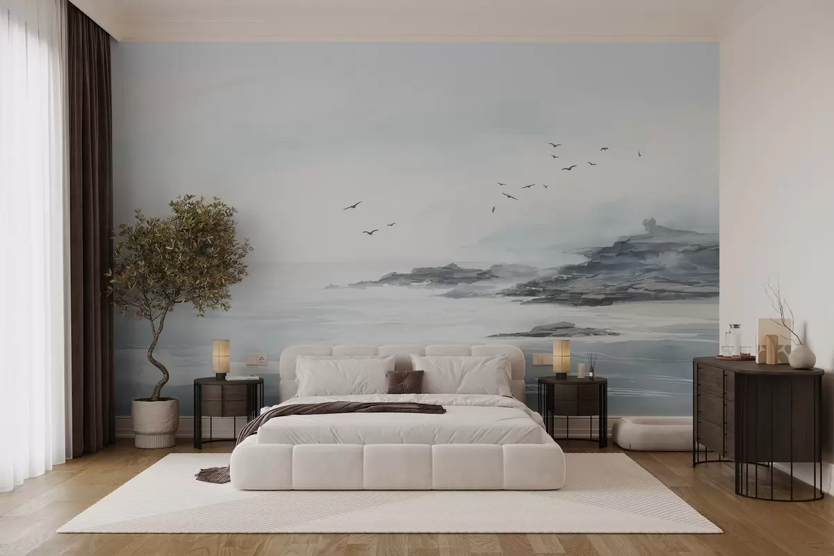 Habitación minimalista con mural de paisaje costero