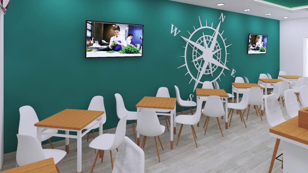 Cafetería moderna con sillas blancas y mesas madera