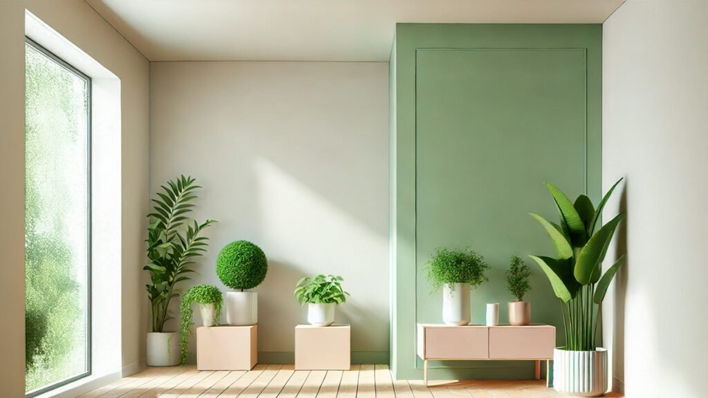 Sala luminosa con plantas en macetas modernas.