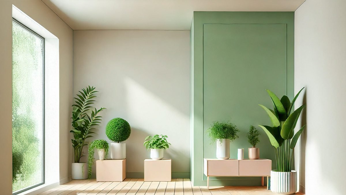 Sala luminosa con plantas en macetas modernas.