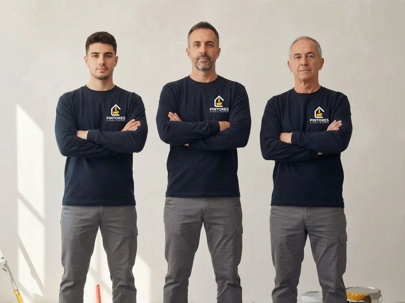 Pintores Vitoria 12 Tres pintores uniformados posando juntos.